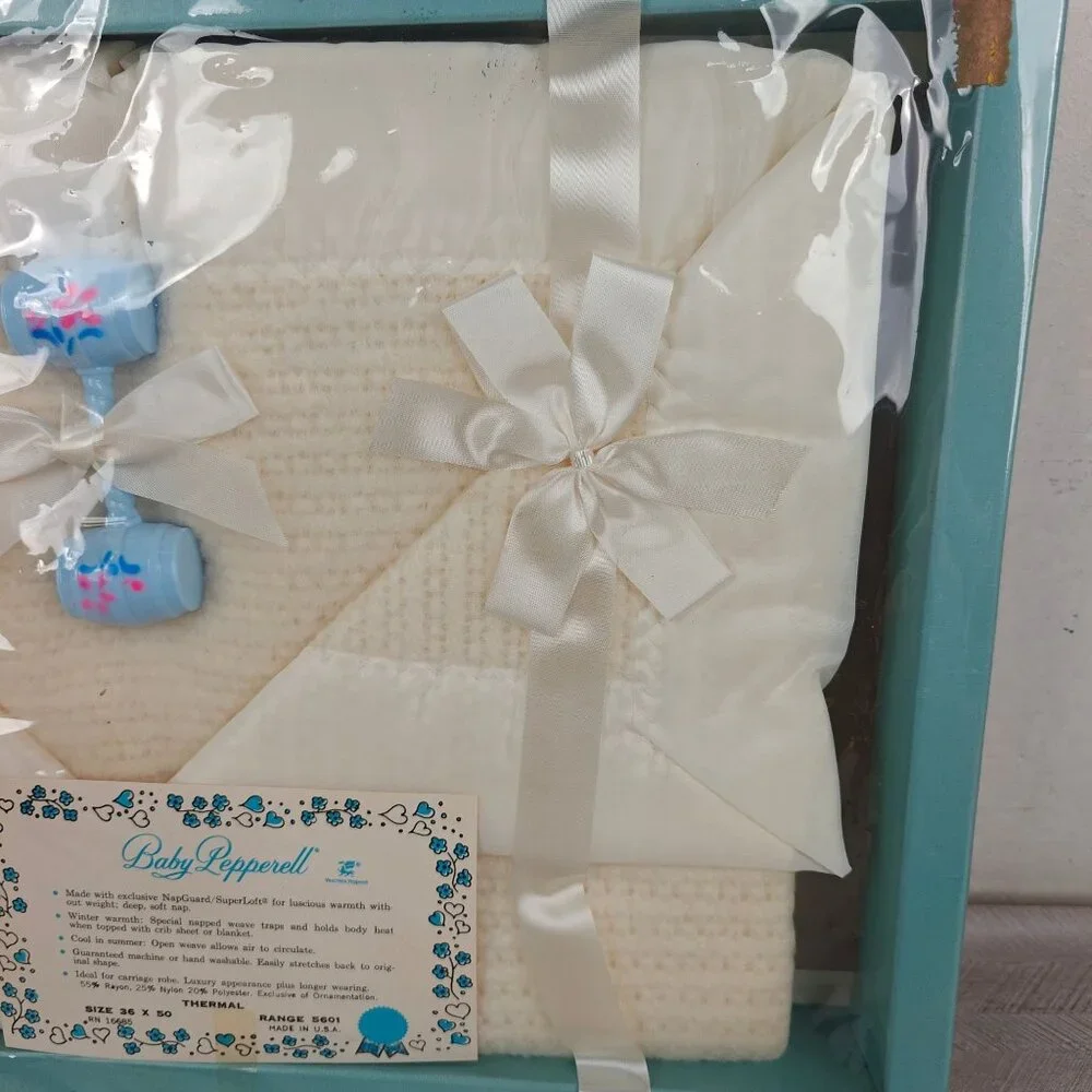 Vintage Baby Pepperell Thermal Blanket Cream Woven Soft Newborn Gift With Rattle